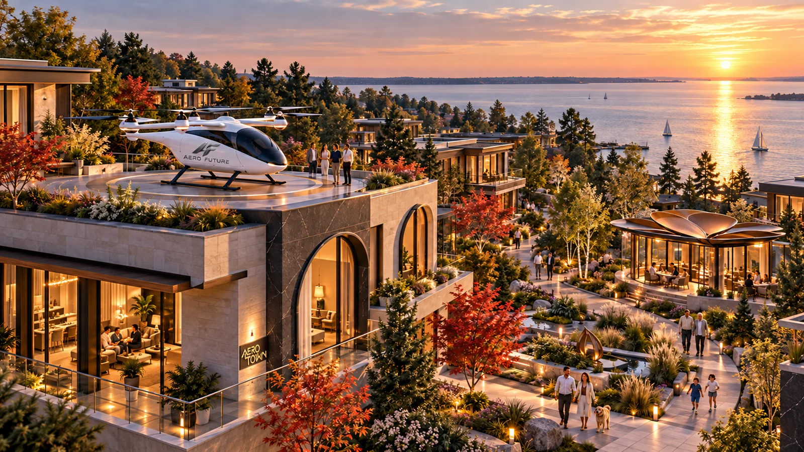 Ontario lakeside community study with West Coast-inspired terraced homes, temperate woodland and a shared arrival court