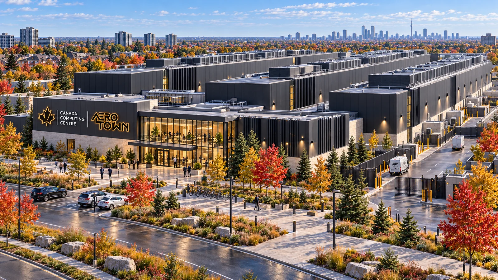 Large Canadian computing campus with autumn woodland, service vehicles and Aero Town entrance identity