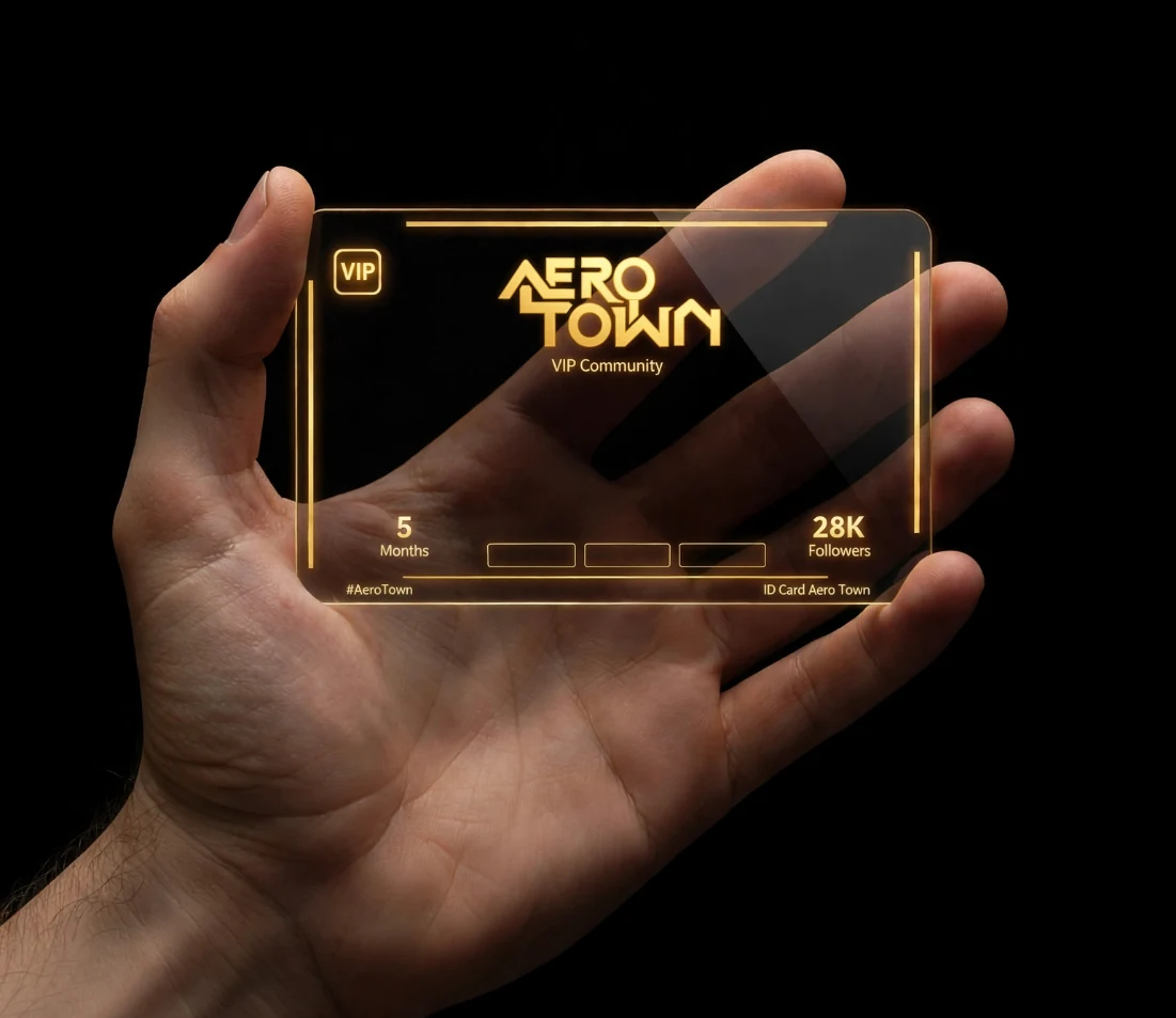 A hand holding the transparent Aero Town membership concept card, edged in gold light.